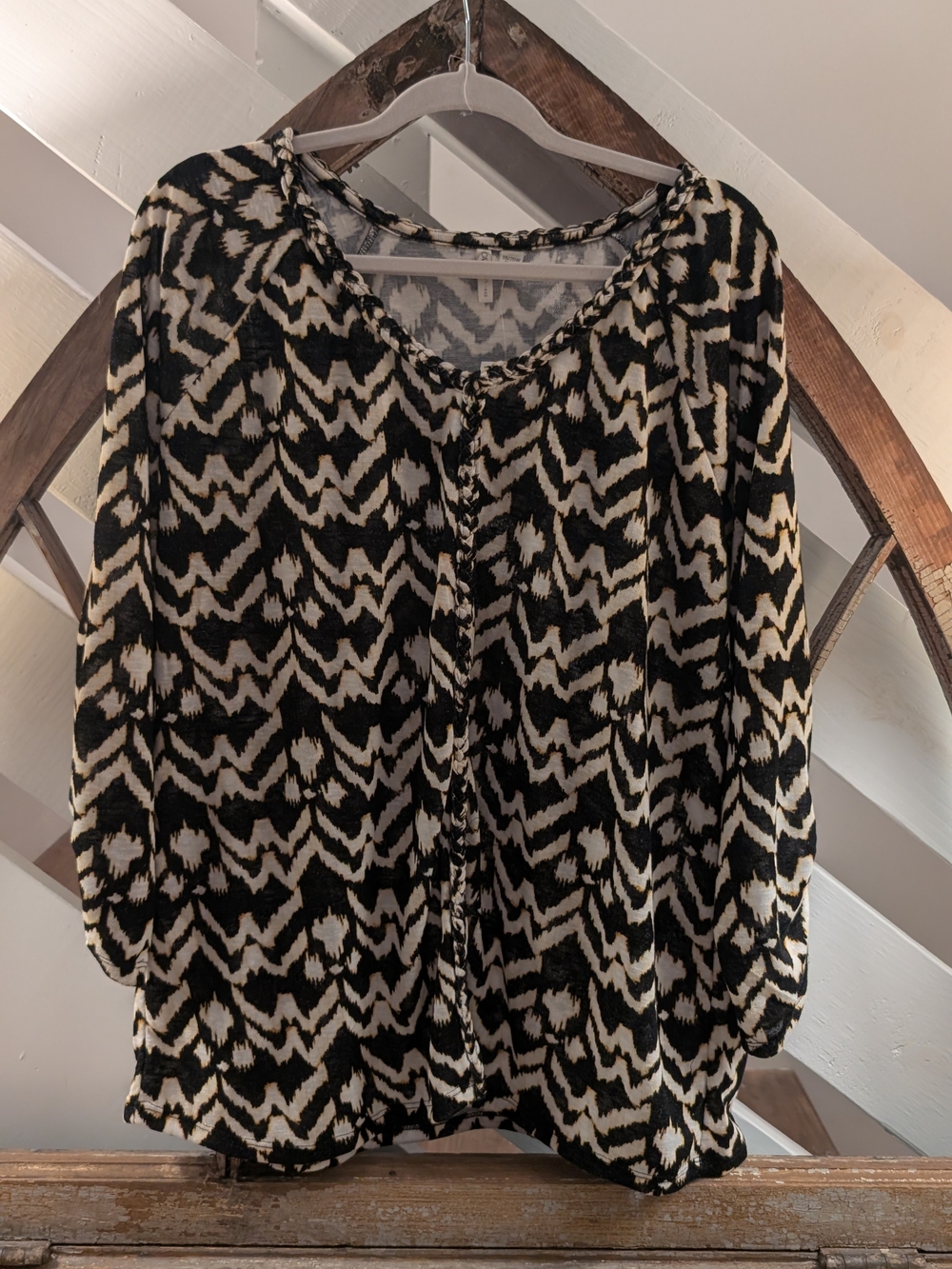 Cato Black and Cream Patterned Peasant Blouse